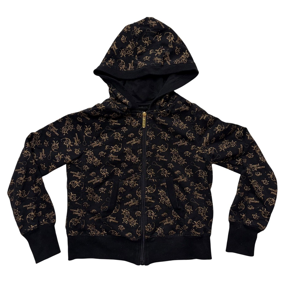 Y2K Disney Hannah Montana Girls Black Gold Glitter Zip Up Hoodie Sweatshirt 7/8